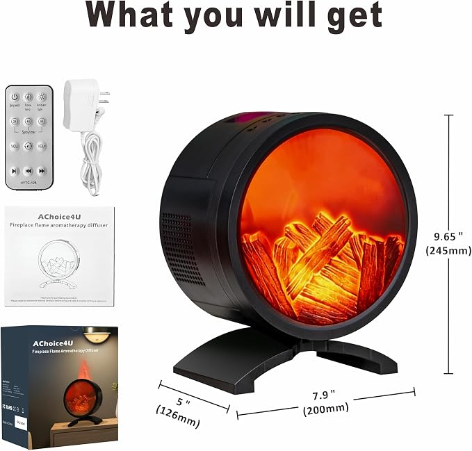 Round Fireplace Essential Oil Aromatherapy Diffuser with Speaker | 260ML Humidifier,Colorful Light,Realistic Flame Mist,Remote Control,Plug in,Timer Setting