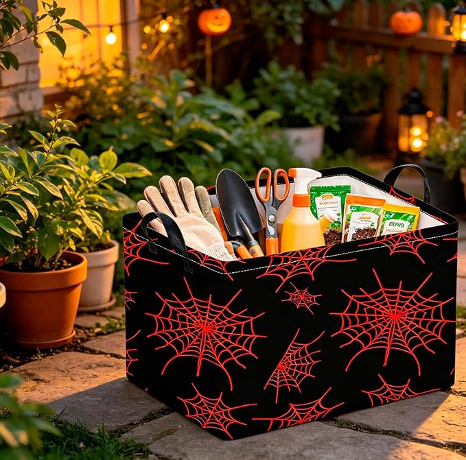 CLOCOR Rectangular Storage Basket Empty,Gift Basket,Waterproof Storage Bin with Handles,Room Decor(Red Spiderweb)