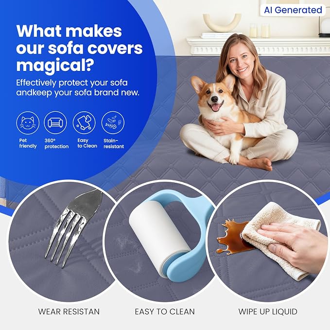 Waterproof Couch Covers for Pets, Waterproof Dog Bed Cover, Anti-Slip Soft Dog Blankets, Couch Cover for Dogs Washable, Pet Blanket for Puppy Large Dogs Cat (82x102 Inch, Grey Blue)