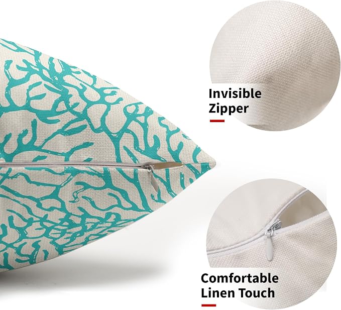 Nautical Coastal Coral Lumbar Pillow Covers 12x20 Inch Set of 2 Summer Ocean Beach Teal Turquoise Decorative Pillow Cases Outdoor Linen Cushion Cover Farmhouse Decor for Bedroom Home Sofa Couch Bed