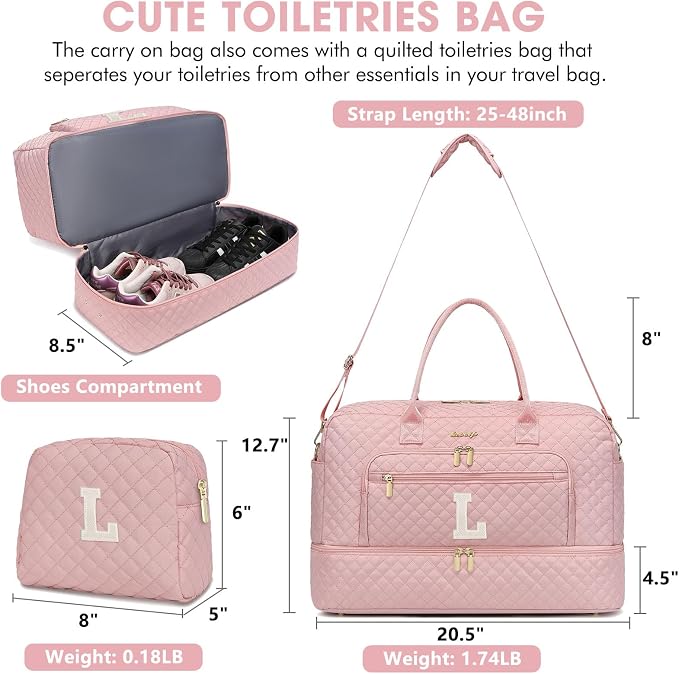 Initial Travel Duffle Bag for Women - Pink Personalized Weekender Bags Overnight Bag with Shoe Compartment & Wet Pocket Weekend Tote Bags with Toiletry Bag Monogram Xma Gifts (Letter L)