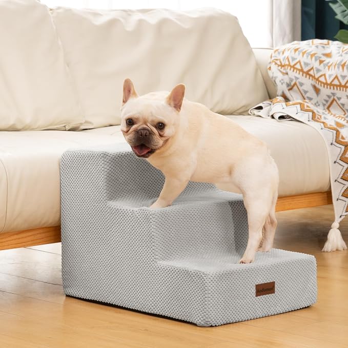 Aodisman Dog Stairs for Small Dogs,Wider 3-Step Pet Steps for Couch & Bed | High-Density Foam Dog Steps,Anti-Slip Bottom,Easy for Puppies,Older Cats & Dogs to Reach Sofas & Chairs,Light Grey,15.7" H