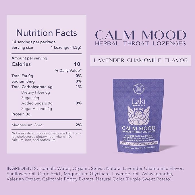 Laki Naturals Lavender Chamomile Calm Mood Functional Herbal Lozenges (14ct) Throat & Calming Hard Candies with Magnesium, Ashwagandha, California Poppy & Valerian. Vegan, Sugar Free, Gluten Free
