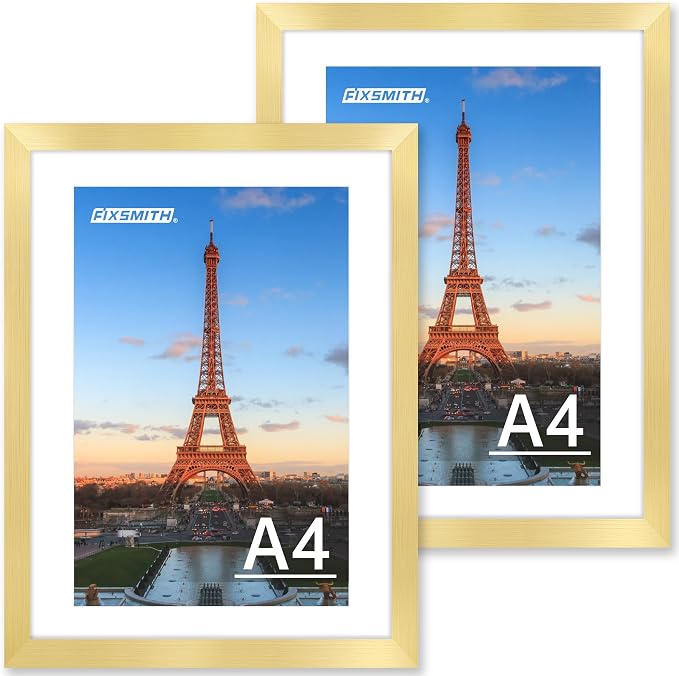 A4 Picture Frame Set of 2, Gold Photo Frame with HD Plexiglass, Display Pictures 6x8 with Mat or 8.3x11.7 Without Mat Multi Picture Frames Collage for Tabletop or Wall Display