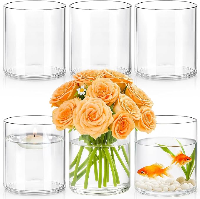 6pcs 6" x 4.7" Clear Glass Cylinder Vases for Centerpieces | Wide Mouth Flower Vases for Wedding & Home Decor, Hurricane Floating Candle Holders for Table, Includes 2 Floral Tapes