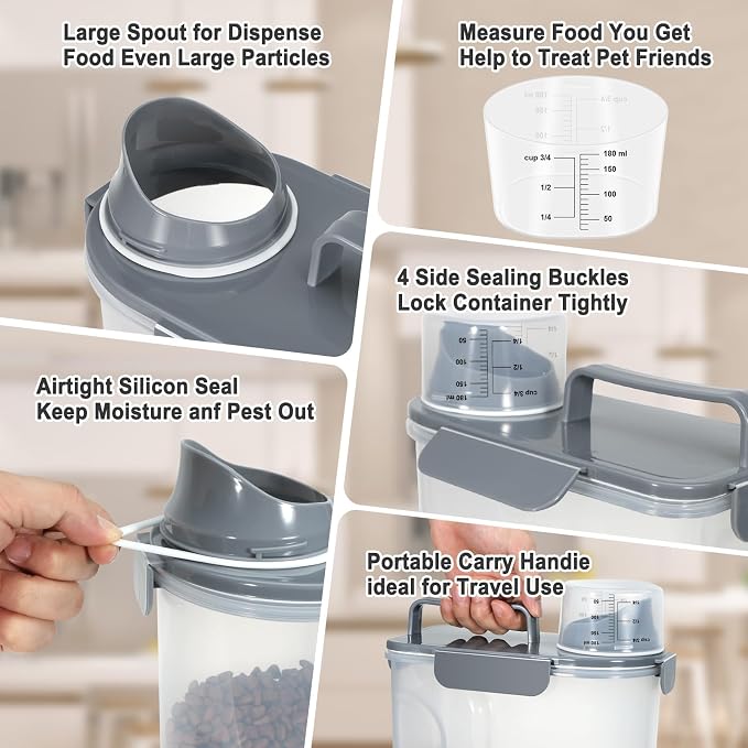 Dog Cat Food Storage Container with Cup (Dark Gray, 5L)