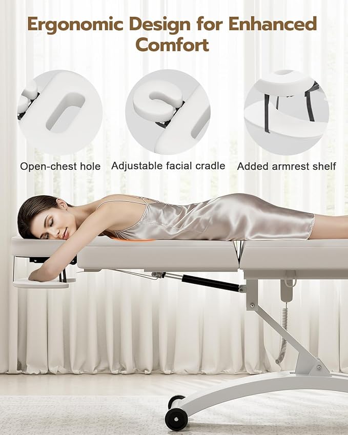 Paddie Electric Lift Spa Bed, Professional Stationary Massage Table with Hydraulic Backrest & Removable Breast Hole, Heavy Duty Medical Beauty Bed Mobile on Casters