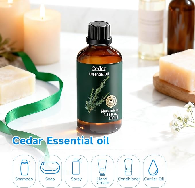 Cedarwood Essential Oil, Woodland Scent, Diffuser, Skin & Hair, 3.38 Fl Oz | Mumianhua Cedarwood Oil, Steam-Distilled. Earthy, Woody Aroma. For Pillow Mist, Diffuser Blends, Skin, Hair & DIY