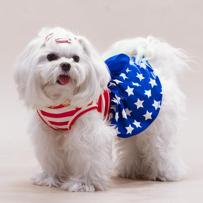 PUPTECK Print Dog Dress with Bow 4th of July Outfit Puppy Clothes XS | Flag Stars and Stripes Patriotic Outfits Apparel Costume for Celebration Holiday Party Photoshoot Puppy Doggie Pet Clothes