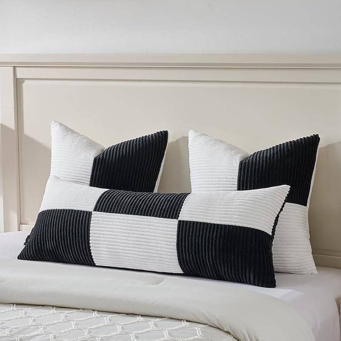 Fancy Homi Set of 1 Black and White Boho Long Lumbar Body Decorative Throw Pillow Cover 14x36 Inch for Bed Couch Bedroom Bench, Soft Patchwork Corduroy Textured Pillow Case, Modern Room Decor