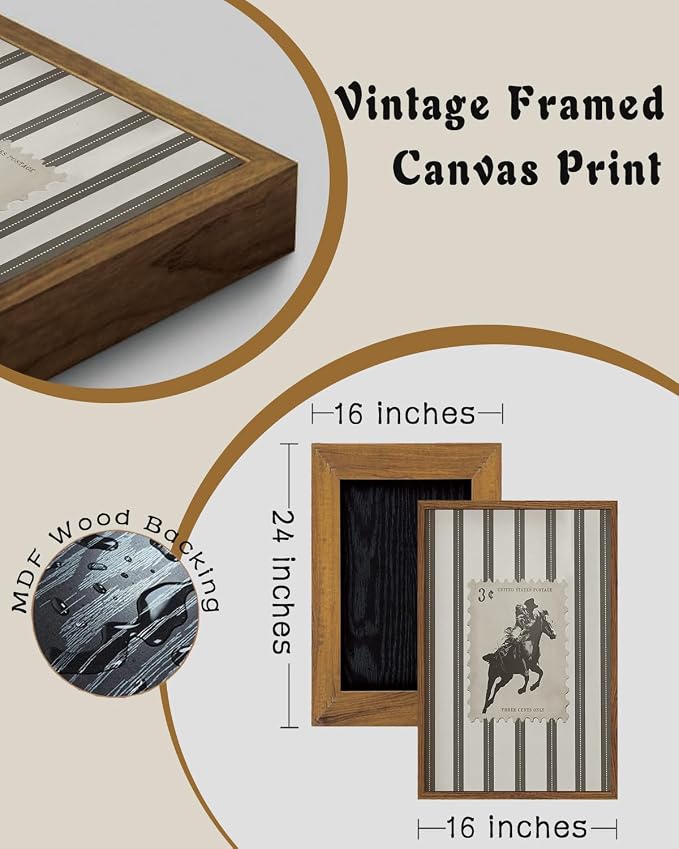 ZZLWBKGL Western Wall Decor Cowboy Canvas Art Bronco Framed Wall Art | Vintage Artwork Retro West Stamp Paintings Mid Century Bucking Aesthetic for Living Room Bedroom