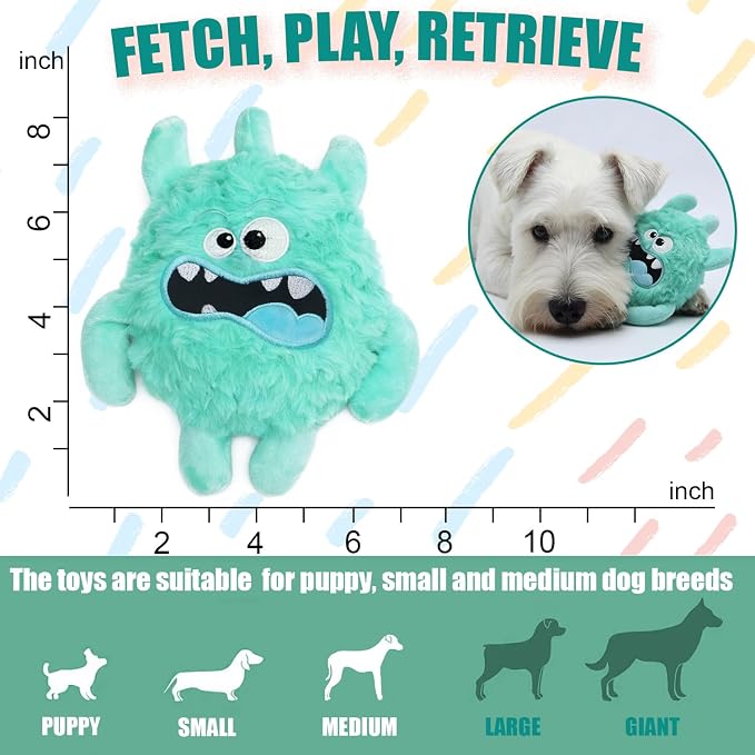 Monster Stuffed Squeaky Dog Toy, Crinkle Dog Plush Toy, Light Green | Soft Lightweight Toy for Fetch and Chew, Interactive Outdoor Indoor Play for Tug, Birthday Gift, For Puppy Small Medium Dog