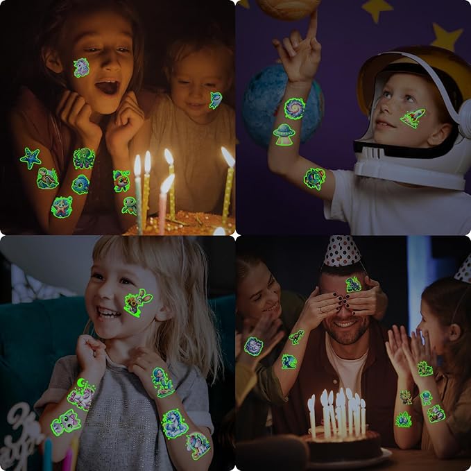 Luminous Temporary Tattoo for Kids, Mixed Styles Glow Fake Tattoos Stickers with Mermaid Truck Racing Car Dinosaur Dolphin Shark Space for Girls Boy Body Arm Party Makeup Supplies Gifts, 117PCS