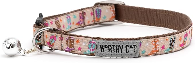 THE WORTHY DOG Icons Pattern, Breakaway Cat Collar, with Bell, Tan