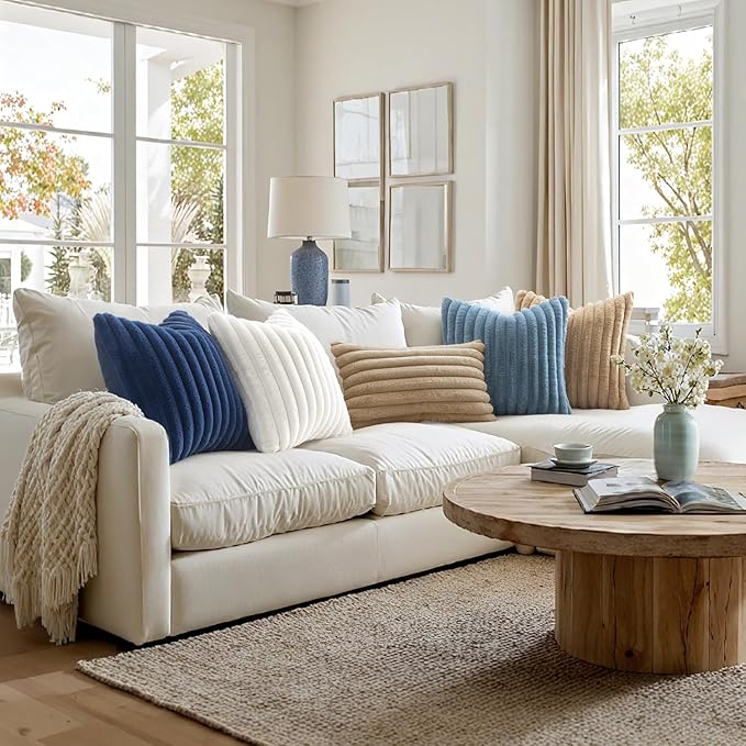 MIULEE Faux Fur Decorative Throw Pillow Covers 20x20 Set of 2 Navy Blue | Coastal Modern Soft Plush Couch Pillows, Cozy Fluffy Cushion Covers for Sofa Bed Living Room Home Decor