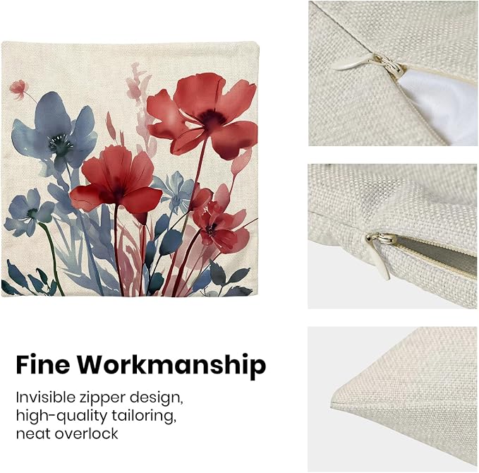 Floral Pillow Covers 20x20 Inches Set of 2 Independence Day Blue Red Floral Throw Pillow Covers Outdoor Rustic Spring Summer Flower Pillowcase Farmhouse Decorative Cushion Cover For Sofa Couch