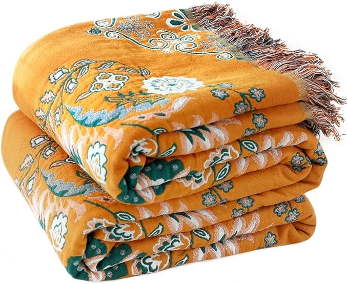 LUTBM Boho Throw Blanket for Bed 60"x80", 100% Cotton Yellow Couch Blankets | Reversible Floral Jacquard, Soft All-Season Twin Quilt, For Chair Sofa Living Room Decor, Lightweight Breathable, Women Gift