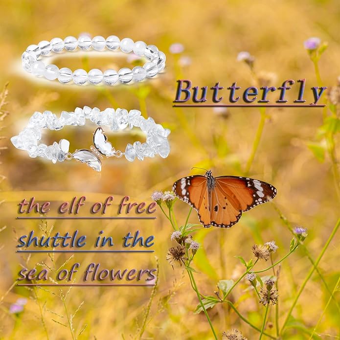 DUQGUHO 2Pcs Butterfly Bracelets for Women Healing Crystals Bracelets for Women Natural Gemstone Bead Bracelet Cute Butterfly Charm Bracelet Stretch 8mm Crystal Jewelry Gifts for Women