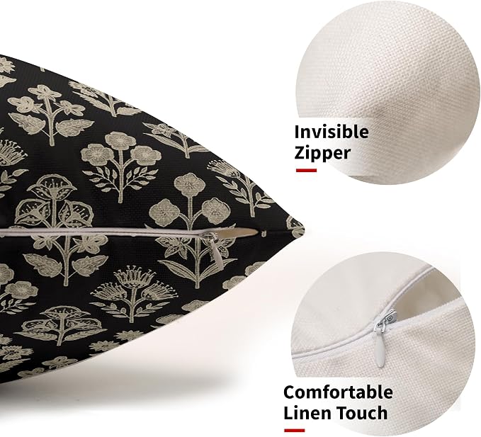 Black Pillow Covers 12x20 Inch Set of 2, Cream Floral Block Print Pattern Lumbar Decorative Throw Pillowcases Outdoor Farmhouse Rectangle Cushion Covers Spring Summer Sofa Couch Bed Decor