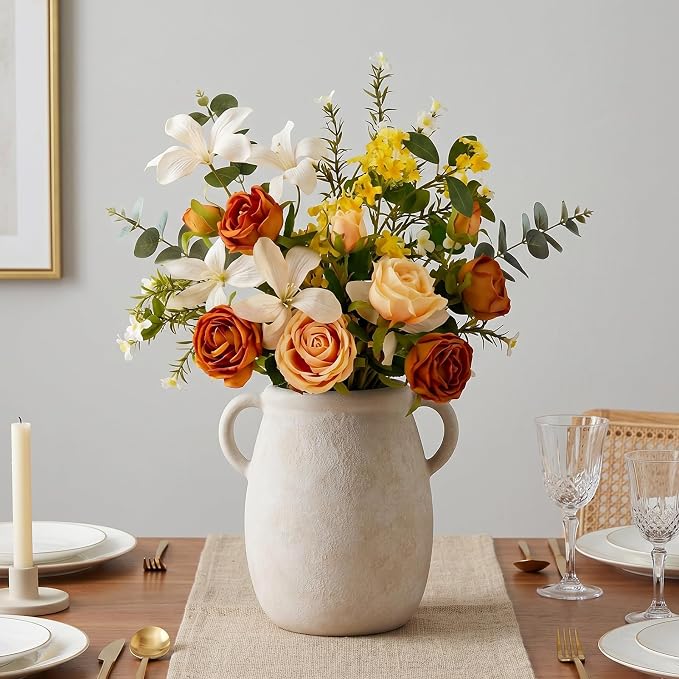 Ceramic Flower Vase with Handle, 7.9in Waterproof Farmhouse Table Rustic Vases, Large Flower Terracotta Pottery Vases for Home Decor, Living Room,Table, Handcrafted (Antique)