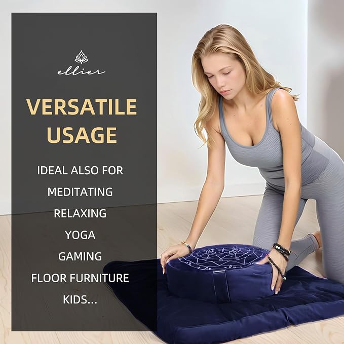 Zafu & Zabuton Meditation Cushion Set - Buckwheat Hull & Memory Foam Pillows, Ergonomic Support for Yoga, Mindfulness - Organic Velvet Cover, Large Size, Durable Comfort (Dark Blue)