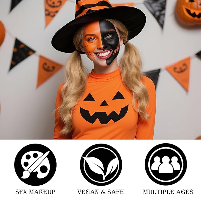 Black Red Orange Face & Body Paint - Blendable Facepaint Foundation with Sponge & Brush for Skin, Professional Halloween Face Make-up Kit for Scarecrow Tiger Devil Pumpkin Fox Lion Costume