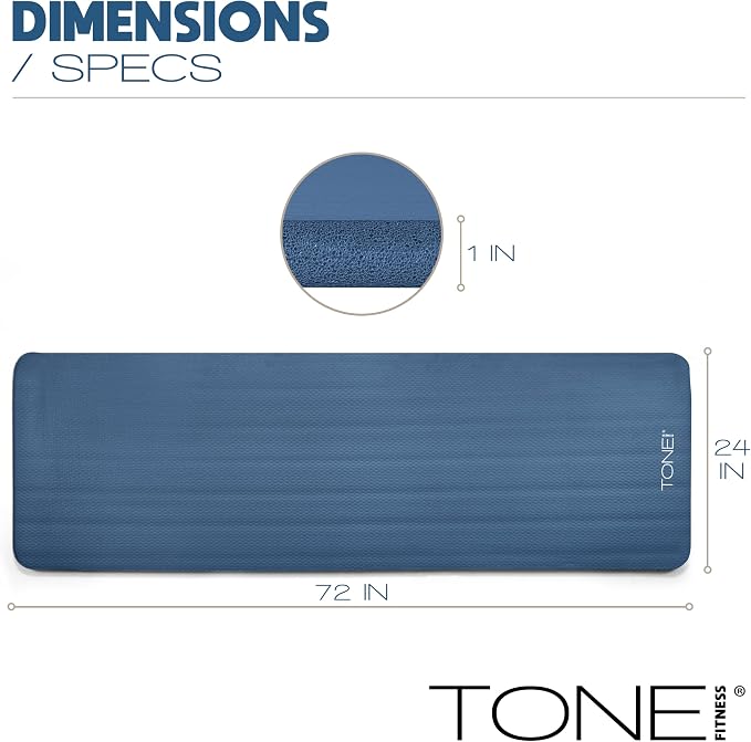 Tone Fitness 1-Inch Thick Yoga Mat | High-Density, Non-slip Exercise Mat with Carrying Strap for Yoga, Pilates, & Home Gym Workouts | Multiple Options