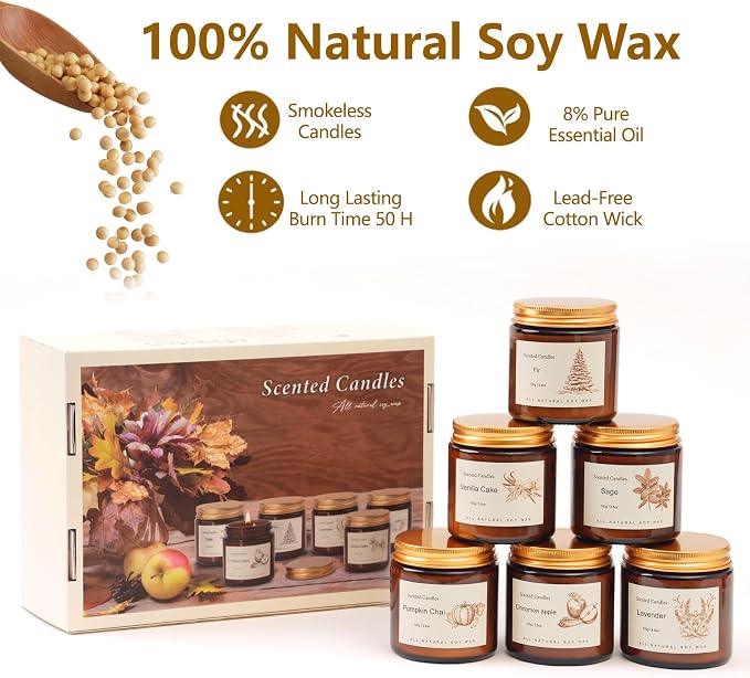 6 Pack Candles for Home Scented,Long Lasting Soy Candles for Home,Holiday Scented Candle Gift Set with Cinnamon Apple,Pumpkin Chai&Vanilla,Natural Aromatherapy Candles,Holiday Gifts for Women