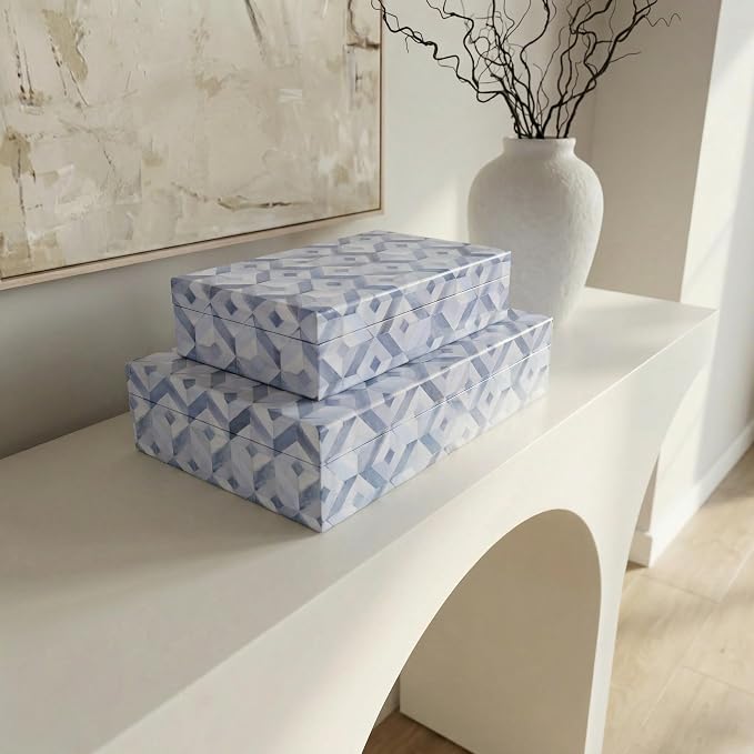 Decorative Storage Boxes with Lids - Set of 2 Organizer Bins for Bookshelf | Beautiful Home Decor - Safely Store Photos, Documents and Memory Box Keepsakes on Your Shelves in Style
