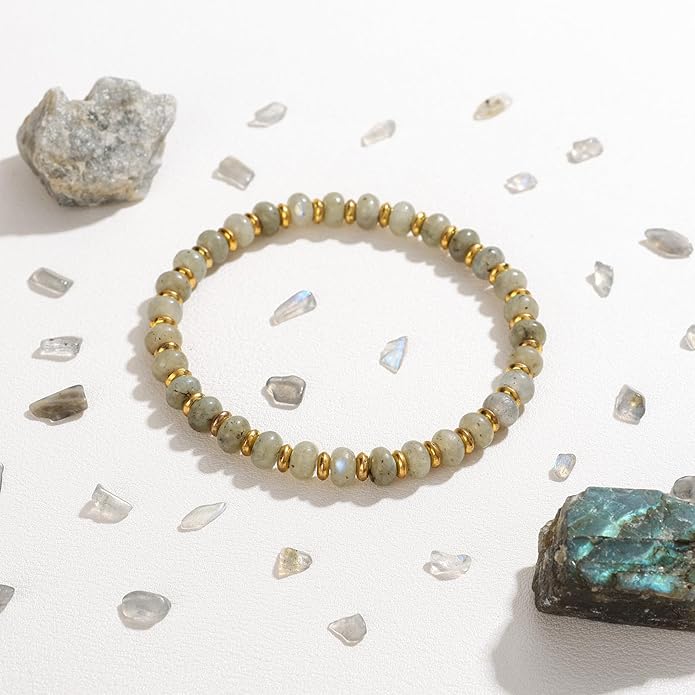 GolbalJew 4 * 6mm Gemstone Rondelle Bead Bracelets for Women Healing Crystal Stone Beads Bracelet Handmade Beaded Spiritual Jewelry Gifts