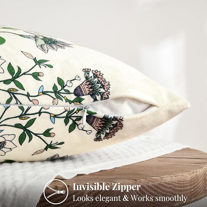 Ivory White Velvet Floral Decorative 12x20 Lumbar Pillow Covers Set of 2 | Durable and Sturdy,Botanical Printed Pattern,Throw Pillows Case,Rectangle,Colorful Farmhouse,Home Sofa Bed Couch Decor
