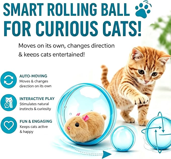 2026 New Self-Rolling Interactive Cat Ball,Realistic Animal Automatic Moving Toy,360° Spin Chasing Ball with Plush Animal Inside,Fun Indoor Interactive Pet Balls for Cats & Dogs(No Battery)