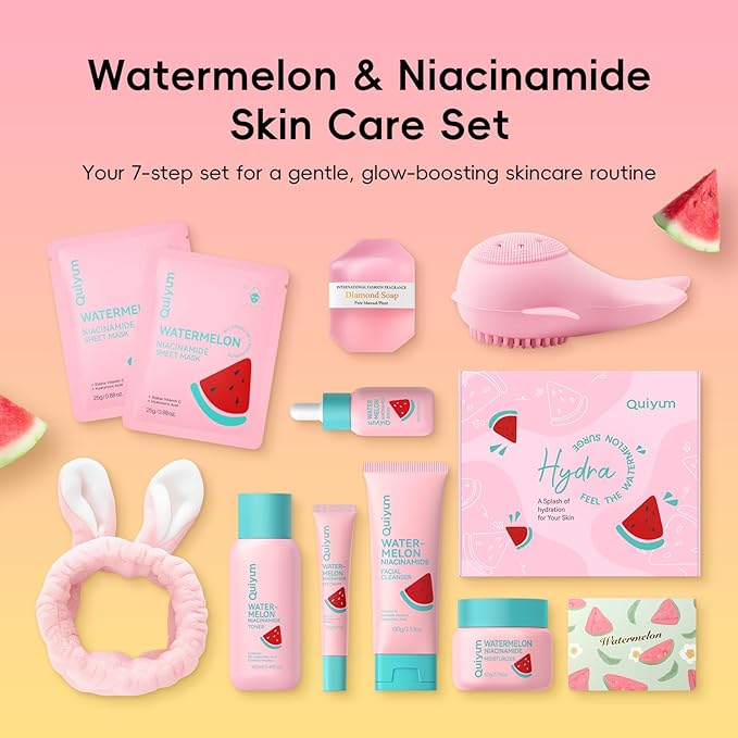 Watermelon Skin Care Kit for Teens Girl, 8 Daily Routine Beauty Skincare- Gift Set with Cleanser, Toner, Eye Cream, Moisturizer, Serum, Facial Mask, Soap, Hydrate, Oil control, Glow, Smooth