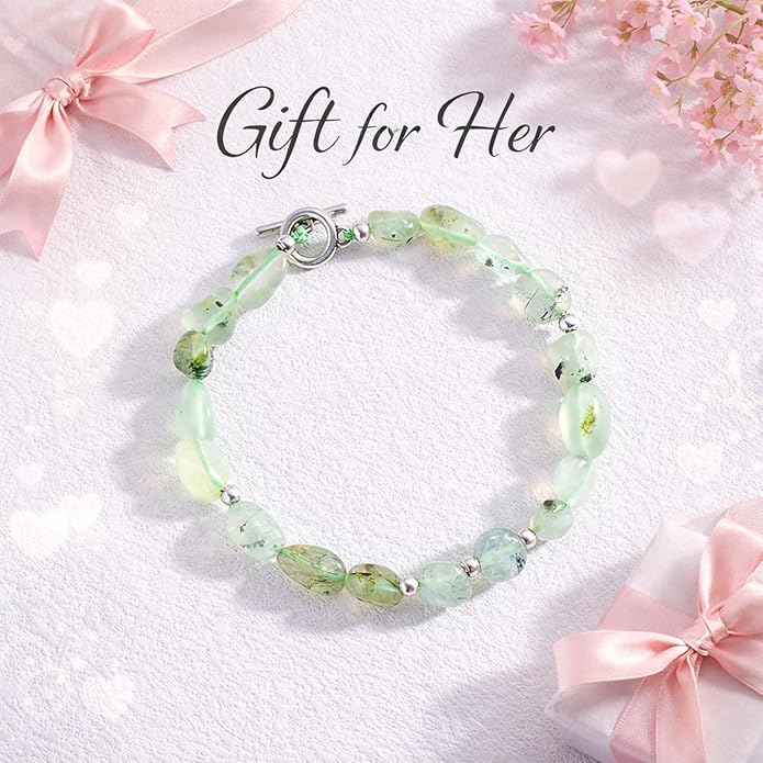Sheplus Valentine's Day Gift - Natural Prehnite Gemstone Bracelet with Sterling Silver Clasp Healing Crystal Jewelry for Wife Girlfriend