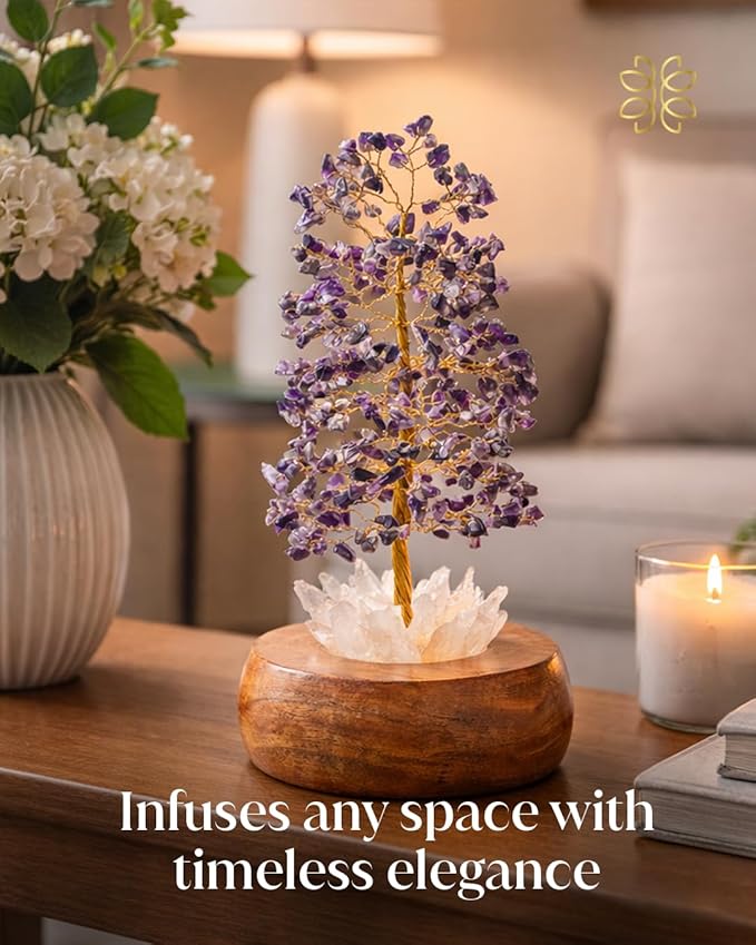 Amethyst Crystal Tree of Life with LED Light – Handcrafted Gemstone Bonsai on Quartz Base & Acacia Wood Stand – Spiritual Home & Office Décor, Feng Shui, Thoughtful Gift for Women