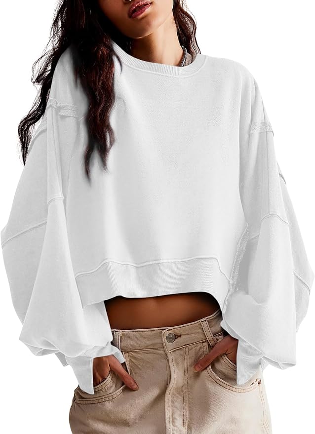 Zwurew Womens Casual Sweatshirt Cropped Shirts | Loose Fit, Tee Top, Pullover, Crop Hem, Design Trim, Daily Tops