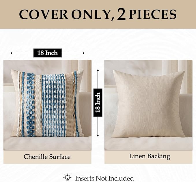 ANRODUO Boho Decorative Throw Pillow Covers Sky Blue Stripe 18x18 Pack of 2 | Throw Pillow Covers, Farmhouse Cushion Case, Chenille Pillow Cases, Coastal throw pillows, Neutral Pillowcase for Couch Bed