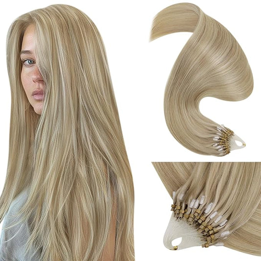 LaaVoo Micro Link Hair Extensions Human Hair Golden Blonde Highlights Light Blonde Micro Ring Hair Extensions Human Hair 24in 50g 50s