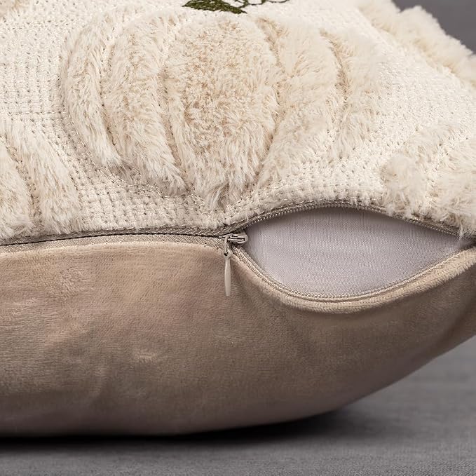 Fall Pumpkin Decorative Pillow Covers 18"x18" Set of 2, Beige Soft Plush Faux Fur Throw Cushion Cases for Autumn Thanksgiving Holiday Home Decorations