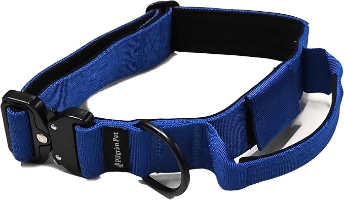 Heavy-Duty Tactical Dog Collar with Control Handle and Metal Hardware – Adjustable K9 Gear with Patch Panel & Airtag Holder (Blue)