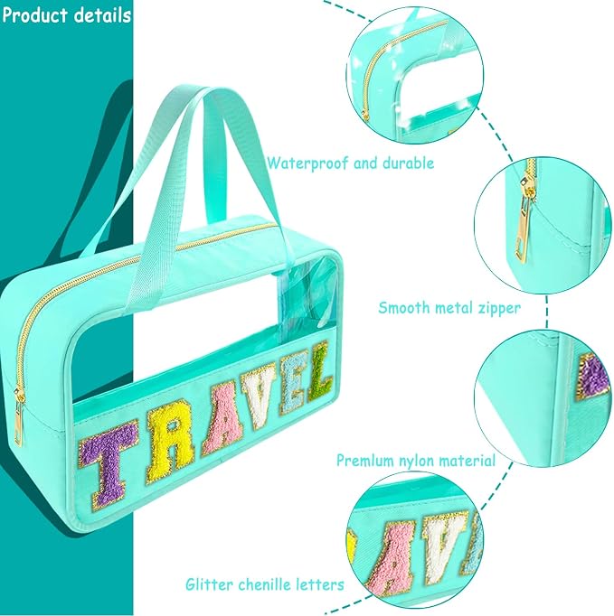 Bunliuys Chenille Letter Clear Makeup Bag Travel Patch, Travel Toiletry Makeup Bag with Handle, Nylon Waterproof Makeup Bags clear cosmetic bag, preppy patch makeup bag for Women (TRAVEL-Mint Green)