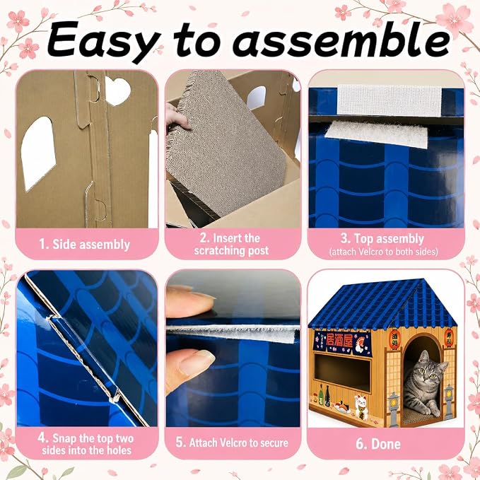 Cinrobiye Cardboard Cat House with Scratcher Izakaya Bar Pet Board Bed Cave Playhouse Hideaway Hideout Condo Decor Small Animals Scratch Box for Indoor Cats Kittens Rabbits Bunny
