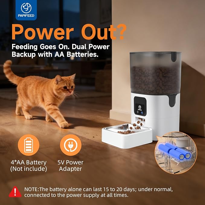 PAPIFEED Automatic Cat Feeder with App, 5G WiFi Cat Food Dispenser, 6L Timed Cat Feeder for Dry Food, 10 Meals/Day, 12 Portions/Meal, Dual Power Supply Smart Pet Feeder for Small Dog, White