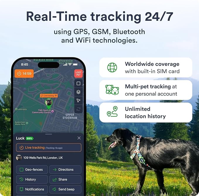 Set of 2 Dog GPS Trackers - Real-Time Location Tracking Device with App - Smart Alerts & Geo-Fence - Collar-Compatible, Waterproof - Long-Life Battery - iOS & Android - (Subscription Required)