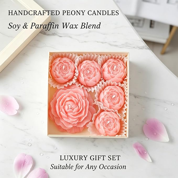 Flower Candles, Rose Peony Shaped Scented Floral Candle (Pink) | 6-Pack Handmade Aromatherapy for Spa Party Wedding Home Decor