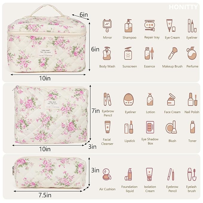 honitty Makeup Bag,Quilted Cosmetic Bags,Large Floral Make Up Organize bag,Makeup Bag Set for Women,Flower Travel Toiletry Bag