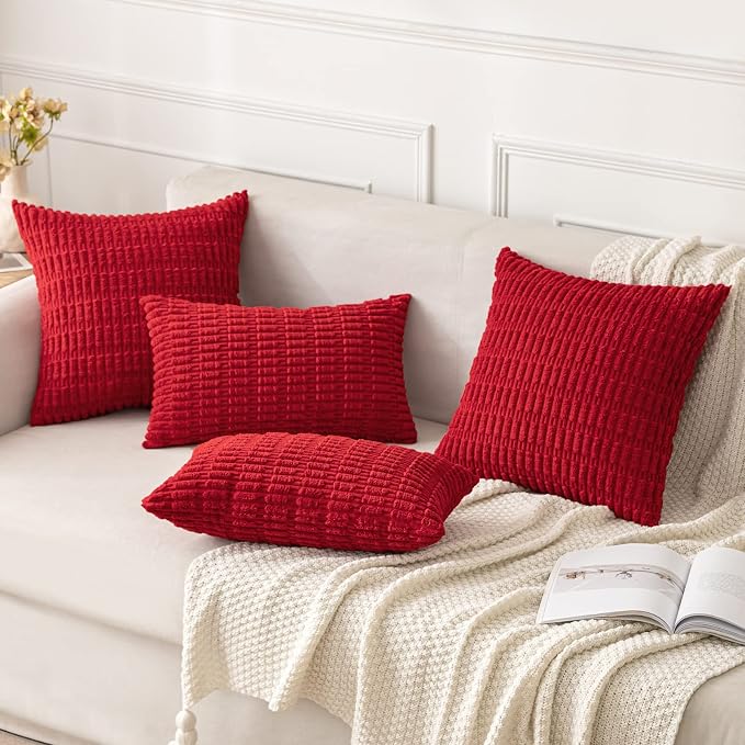 MIULEE Euro Sham Corduroy Decorative Throw Pillow Covers 24x24 Red Set of 2 | Soft Boho Striped Pillow Covers Modern Farmhouse Home Decor For Sofa Living Room Couch Bed