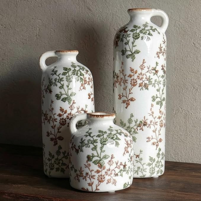 Green Floral Vase Set of 3 with Handles, Vintage Ceramic Jugs for Decor | Crackle glaze finish for farmhouse living rooms, shelves and table displays