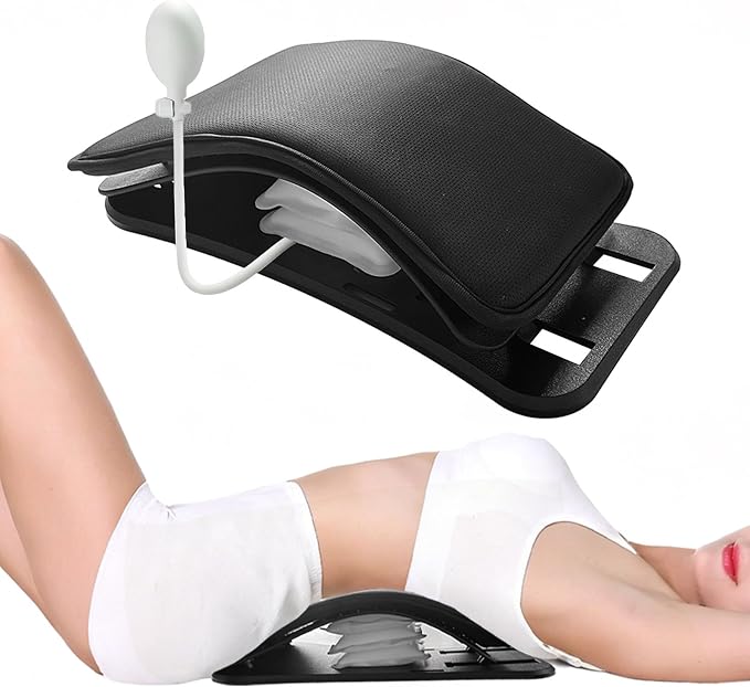 Back Stretcher, Inflatable Lumbar Support for Lower Back Muscle Relief, Stepless Adjustable Height Up to 3.9 Inch with 10mm Detachable Cushion, Acupressure for Yoga Pilates Home Office Muscle Relax
