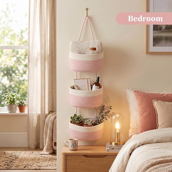 TeoKJ Over the Door Hanging Basket, 3-Tier Woven Cotton Wall-Mounted Storage Organizer Bag Decorative Hanging Nursery Baskets, Pink & White